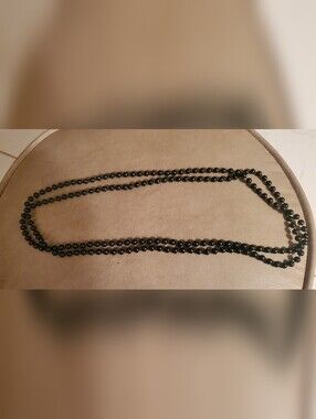 Vintage Long Hand-Knotted Black Glass Bead Necklace